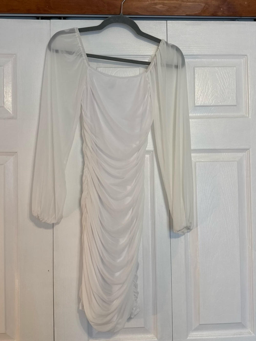 White Ruched Long-Sleeve Midi Dress
